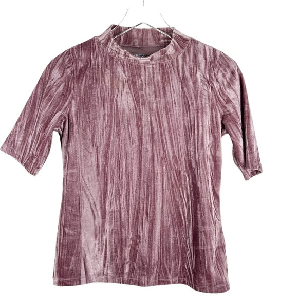 PILCRO Velveteen Mock Neck Short Sleeve Pink Top | Small - Picture 3 of 7